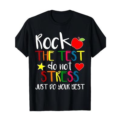 Men's Funny Rock The Test Motivational Teacher T-Shirt - Humorous Exam Humor Graphic Tee with Stars & Hearts, Relaxed Fit Short Sleeve Shirt