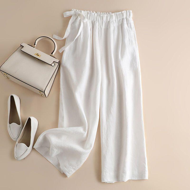 Women's Summer High Waist Wide Leg Pants Elastic Side Tie Casual Cropped Trousers