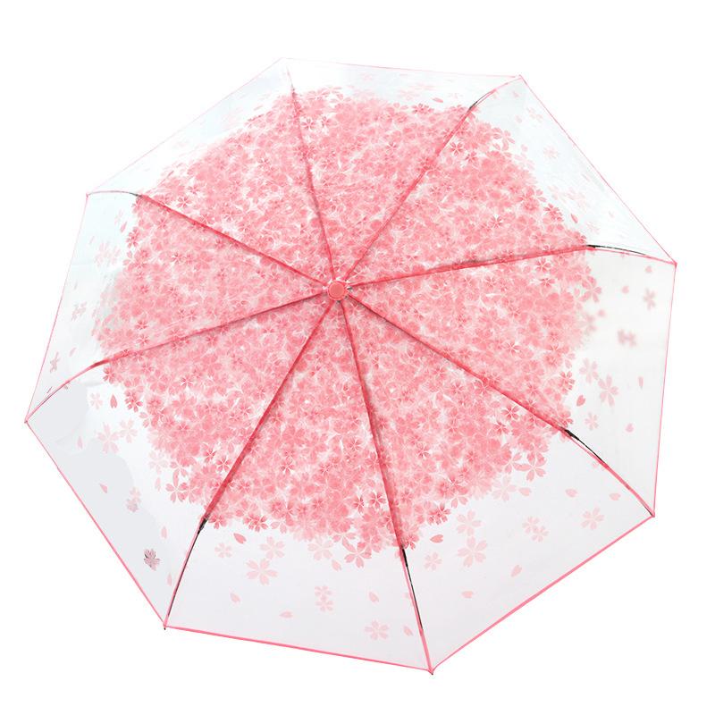 Korean Style Umbrella Folding Cute Goddess Small Fresh Simple Forest Style Three Fold Cherry Blossom Transparent Umbrella
