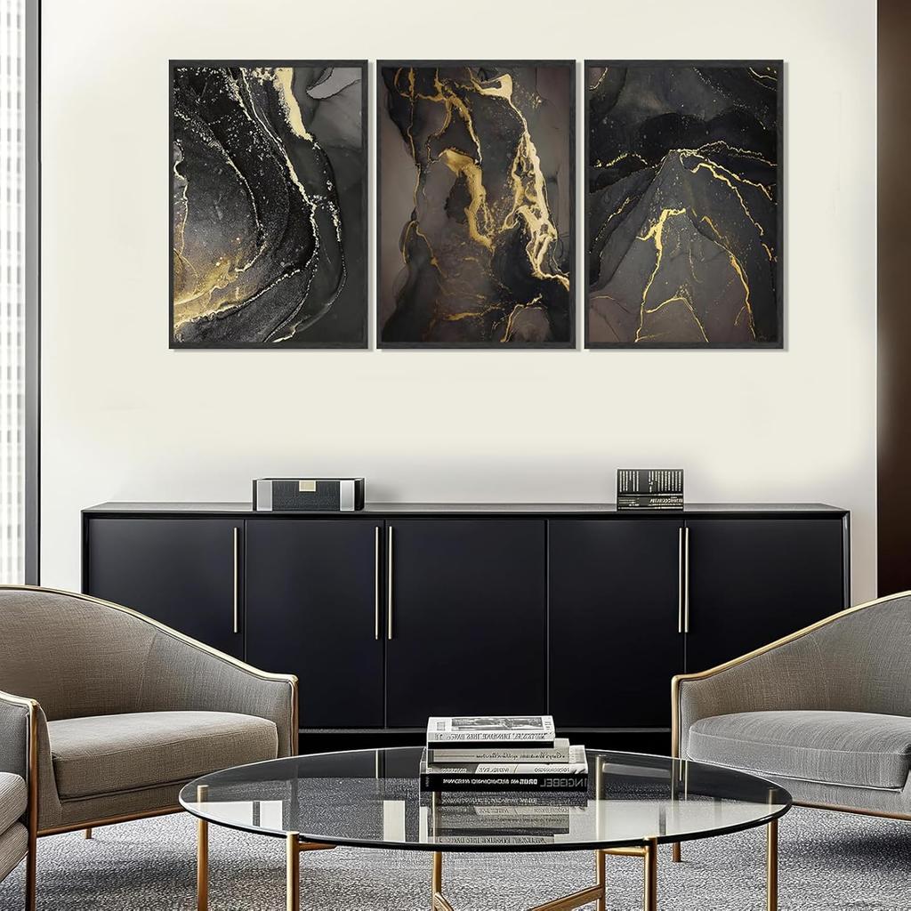 Kyiyhzp 3Pcs Abstract Black Gold Wall Art Modern Minimalist Wall Decor Prints Black gold grey pictures Marble painting artwork for Living Room
