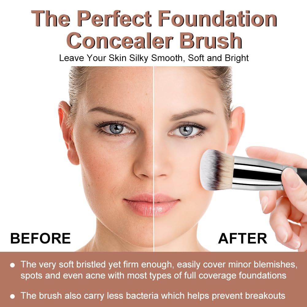 Professional Foundation Brush Set, 3 Piece Makeup Brushes with Synthetic Fibers, Black Handle with Silver Ferrule, Flat Top for Liquid and Cream