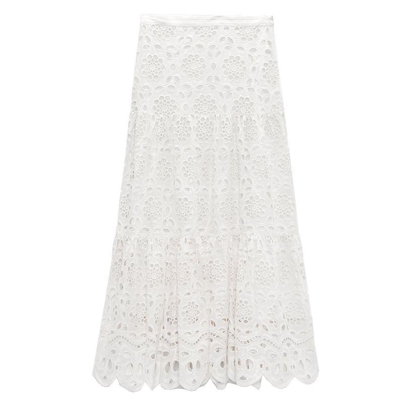 Spring Cut-out White Shirt with Slim Looking High Waist Embroidery