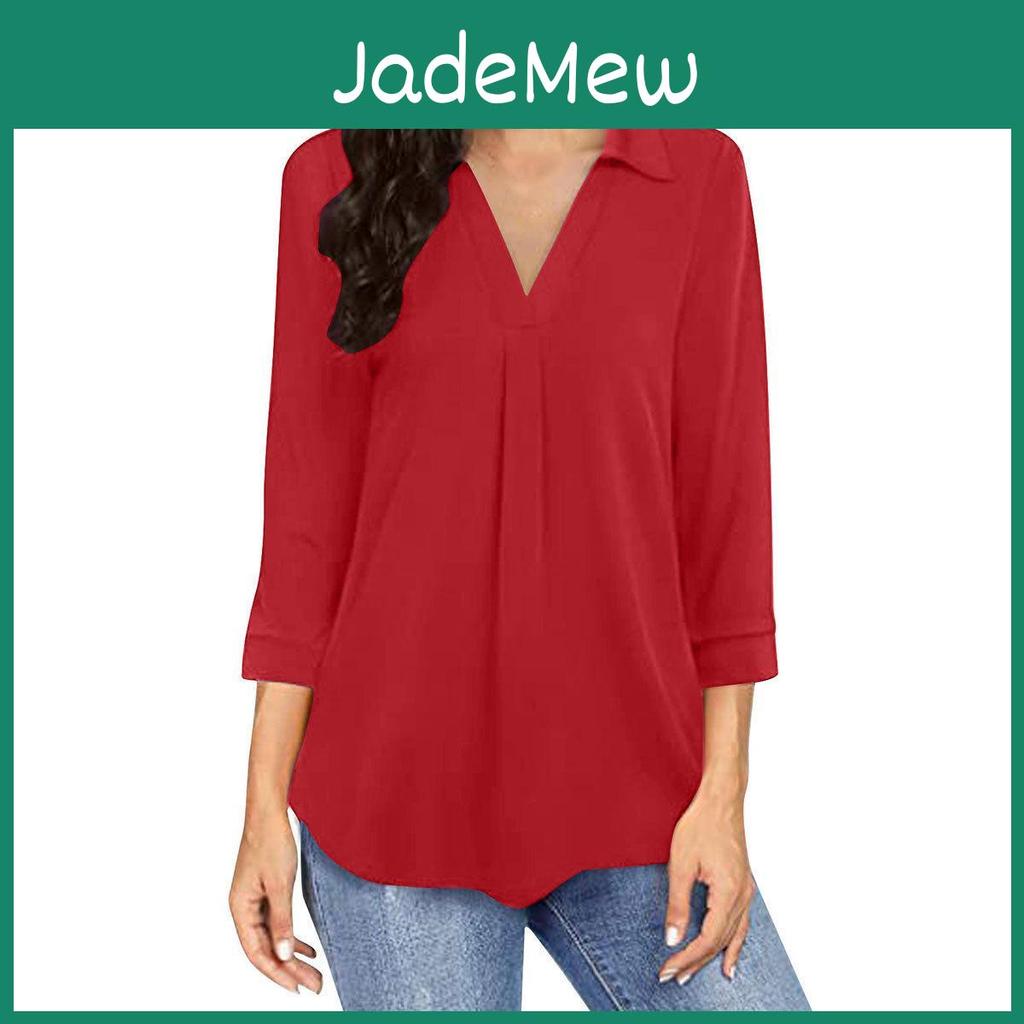 Spring Fashion Womens Yyfs Casual Fall Solid Color Print 34 Sleeves Polo Neck Blouses Shirts