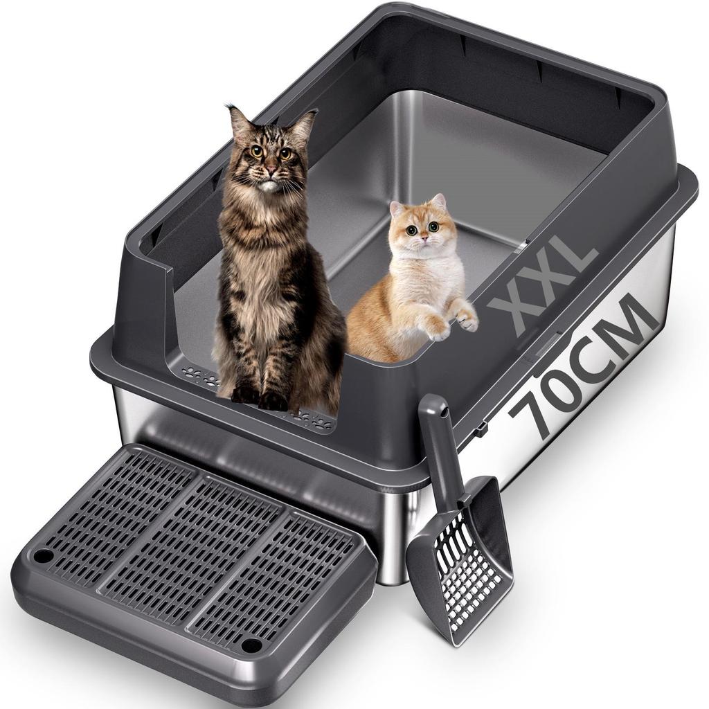 Stainless Steel Cat Litter Box with Anti-Splash Top-Entry Lid, Sizes S-XXXL.