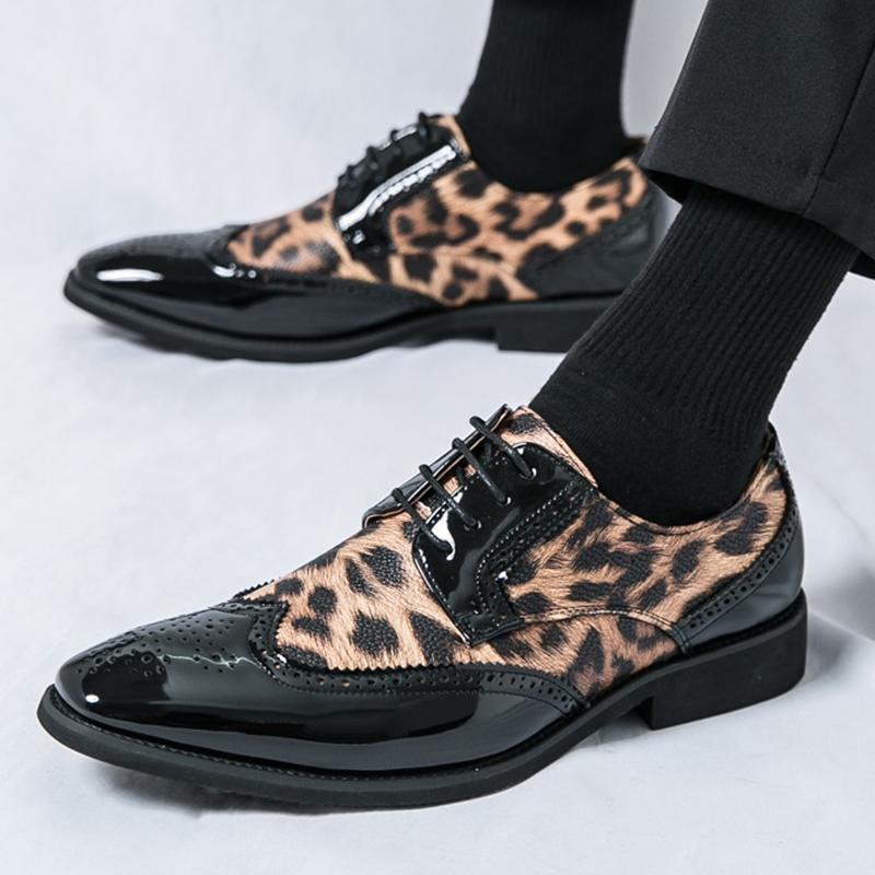 New Arrival Fashion Men's Leopard Patent Leather Formal Oxford Shoes Male Punk Rock Wedding Prom Dress Flats Zapatos Hombre