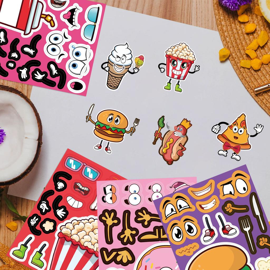 8/16Sheets Children Diy Puzzle Sticker Cartoon Burger French Fries Food Make A Face Change Stickers Educational Toys Party Gifts