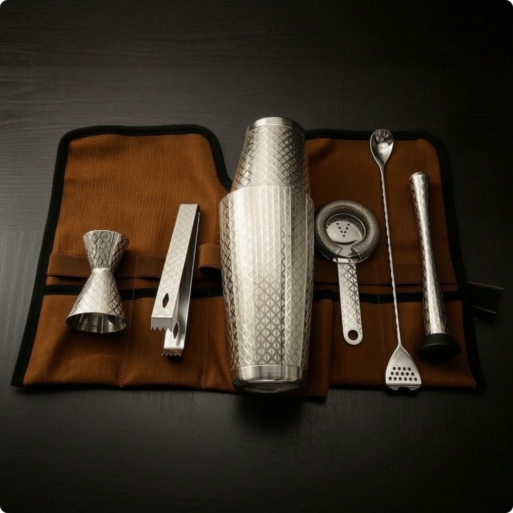 7 Pieces Bar Tool Set with Roll-up Pouch Professional Roll-up Bartender Bag Bartending Kit Organized Barware Compact
