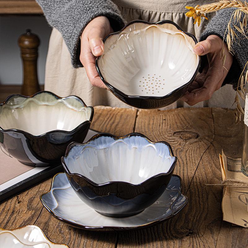 European Lotus Ceramic Irregular Plate and Salad Bowl Set