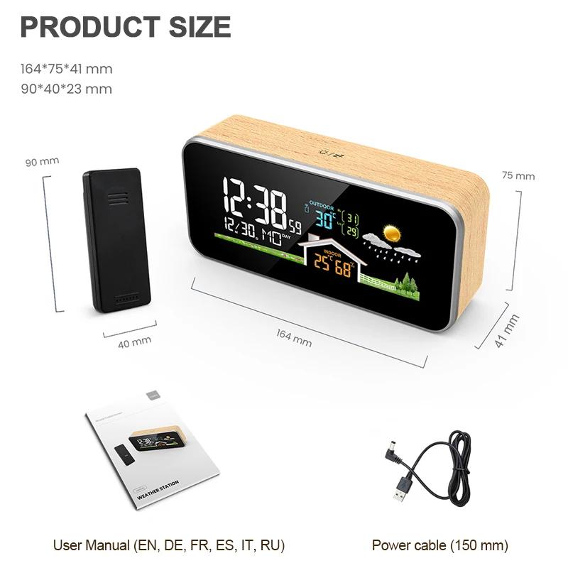 

Wireless Solid Wood Weather Station,LCD Screen Weather Forecast Alarm Clock Indoor and Outdoor Temperature and Humidity Meter