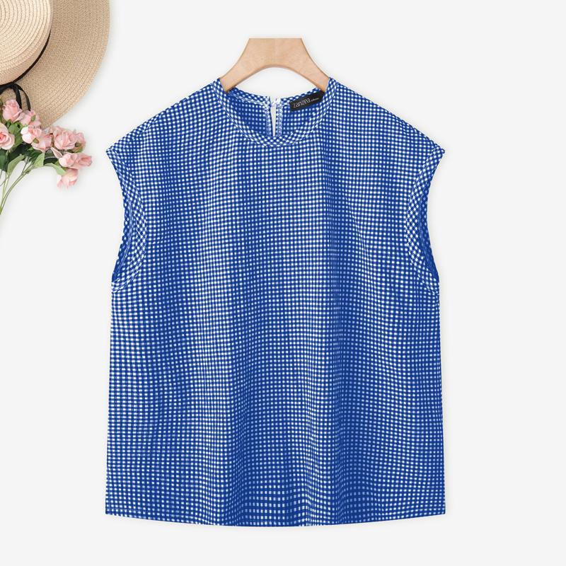 ZANZEA Women Plaid Print Casual Round Neck Sleeveless Blouse