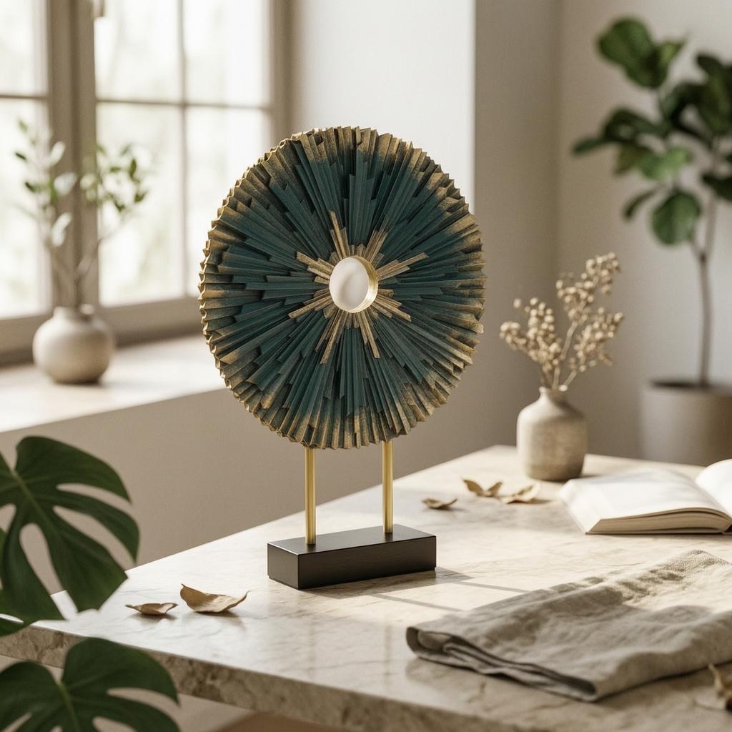Abstract Desk Sculpture with Base Geometric Table Decor Metal Wall Disc Ornament Metallic-Finish House Decoration Modern Design