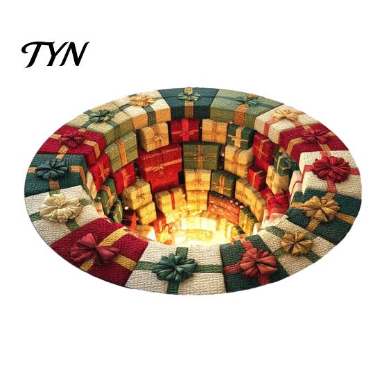 Christmas Themed Home Decor Round Rug, 3D Illusion Mat, Holiday Winter Carpet, Soft Gnome Deer Crystal Velvet Floor Mat Santa House Festive
