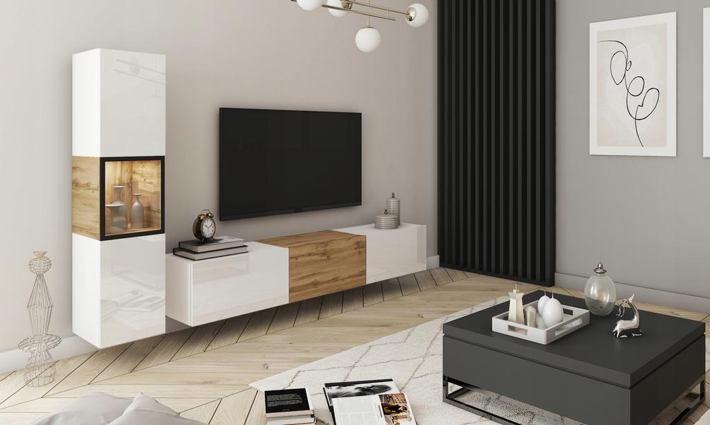 Moderne wandmeubel, 180 cm TV-meubel met een vitrinekast, woonkamermeubels met LED