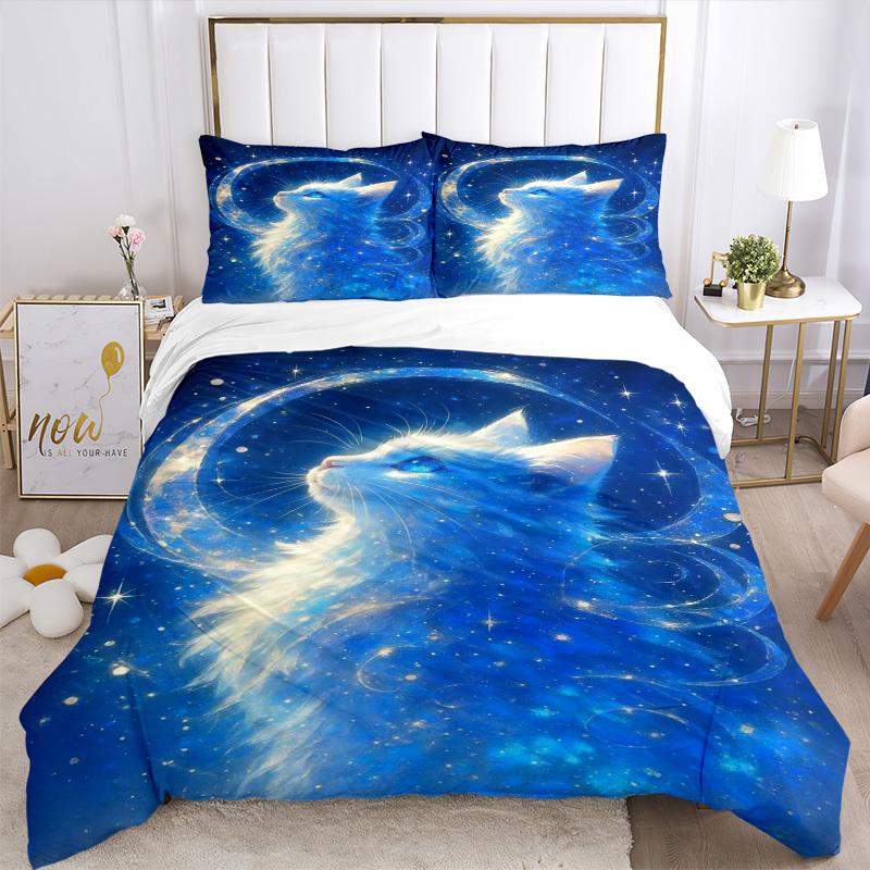 3pcs Anime Cat Moon Stars Bedding Set - Includes One Quilt Cover and Two Pillowcases (No Core) - Home Decor Gift for Bedroom and Guest Room