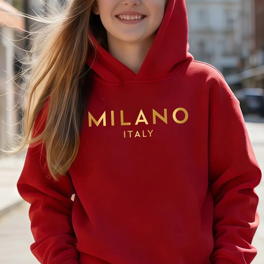 Kinder Milano Hoodie Italien Buchstaben Grafikdruck Pullover Sweatshirt Jungen Mädchen Italienischer Stil Lässig Streetwear Kapuzenoberteil Herbst