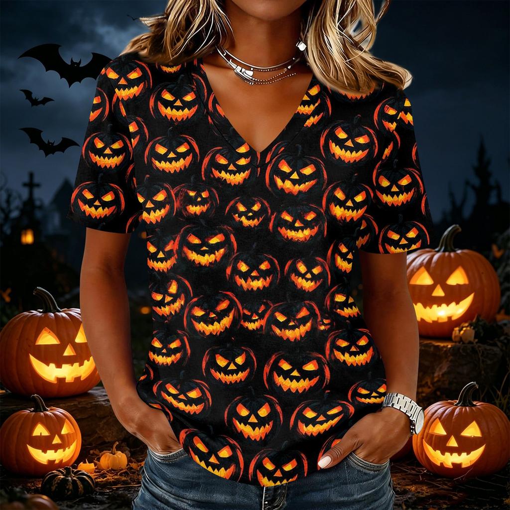 Women's Short Sleeve V-Neck Halloween Print T-Shirt Casual Top for Party