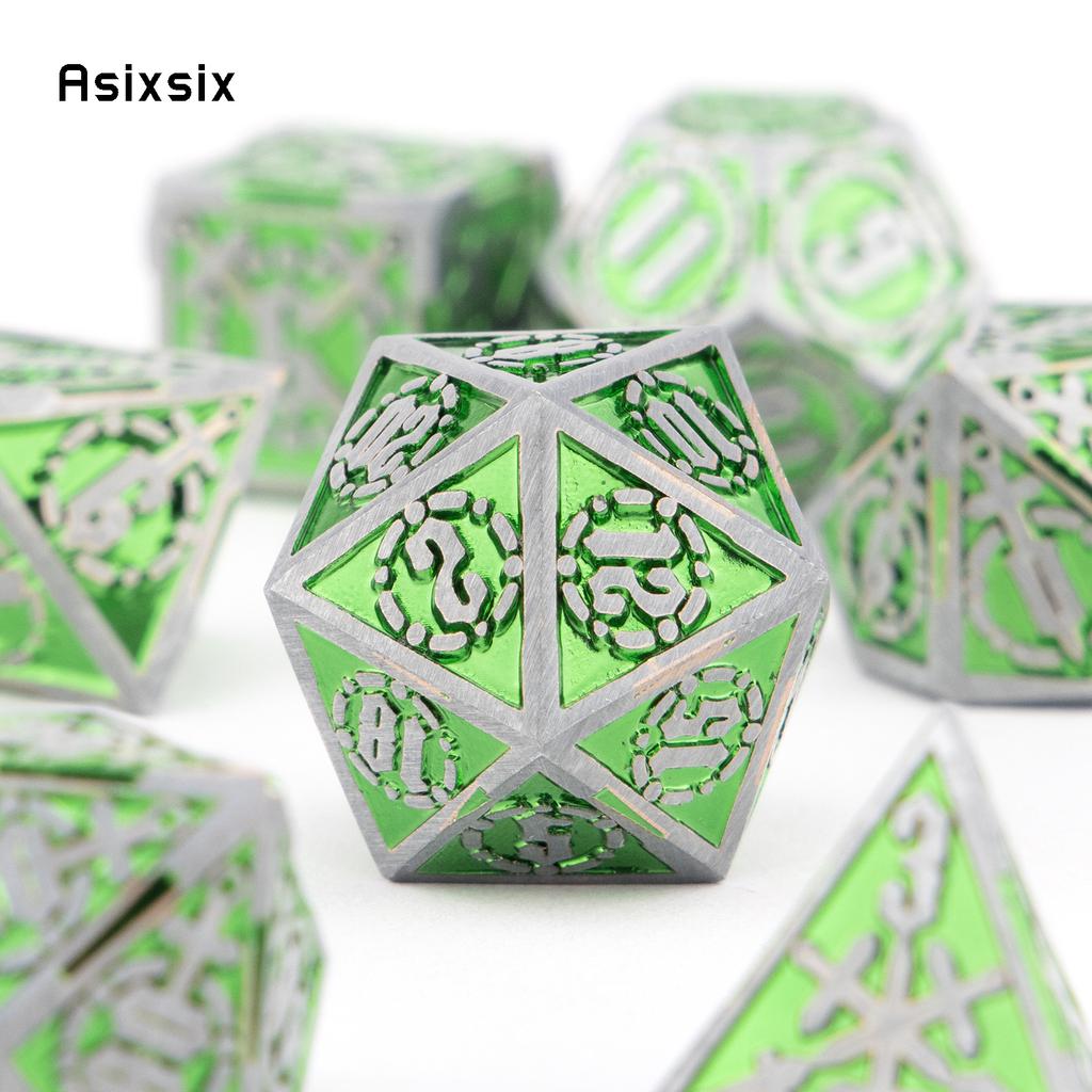 7 Pcs Green Silver Double Swords Metal Dice Solid Polyhedral Dice Set Suitable for Role-Playing RPG   Pathfinder Board Game