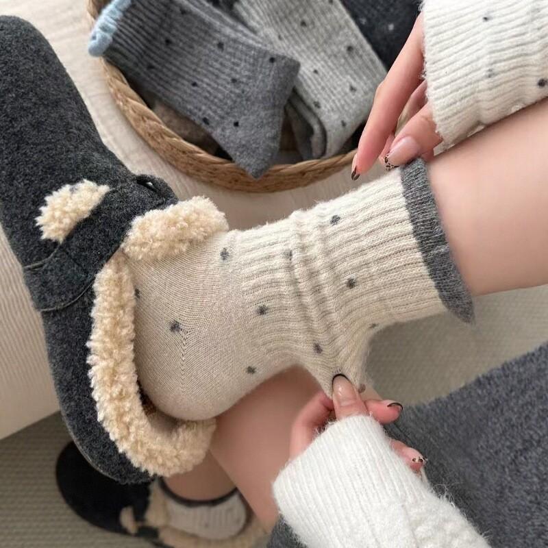 Polka Dot Wool Socks Children'S Autumn And Winter Gray Medium Tube Socks Thickened Warm Cashmere Cotton Socks Retro Lace Tube Socks