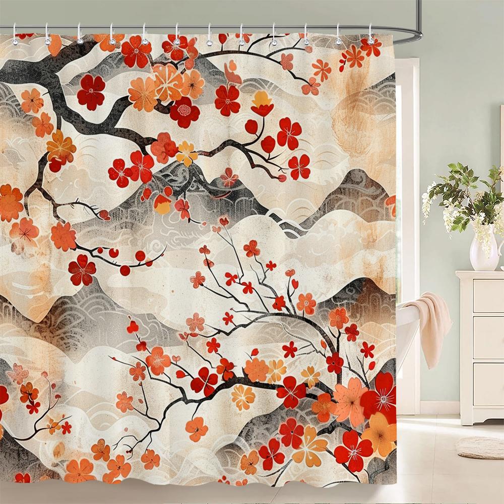 Japanese Style Flowers Bird Shower Curtain Abstract Mountain Red Floral Plant Ink Art Landscape Fabric Decor Bathroom Curtains
