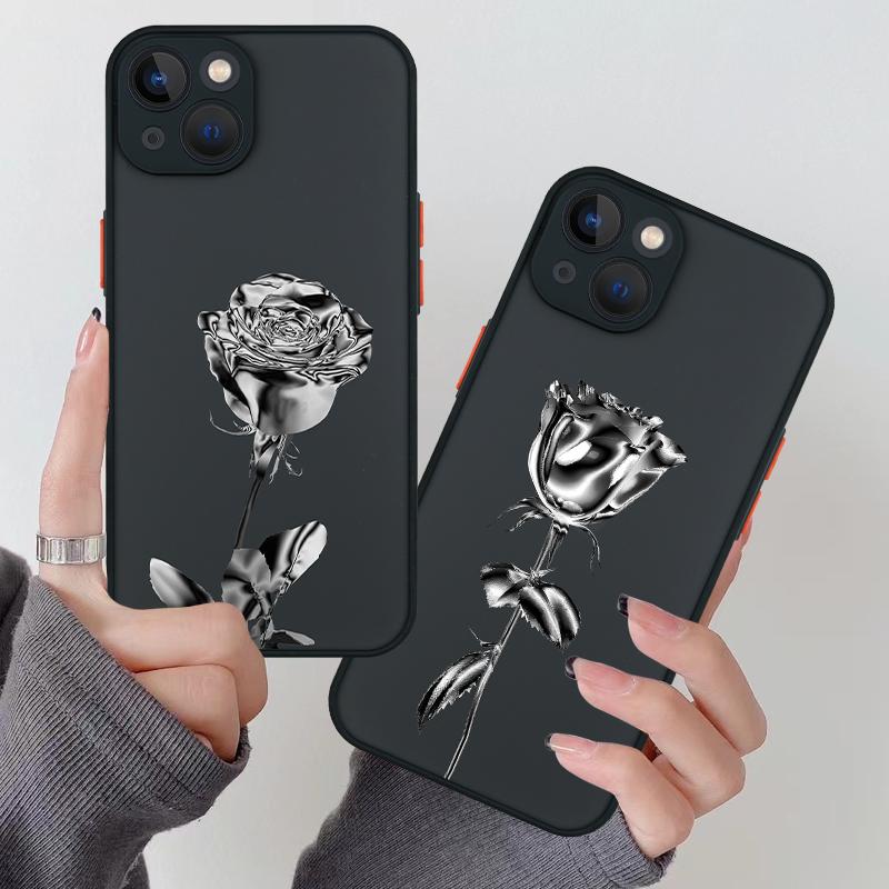 INS Fashion The Silver Rose Phone Case For iPhone 16 15 11 12 14 13 Pro Max Mini X XSMax XR 7 8 Plus SE4 16e Cute Silica Covers