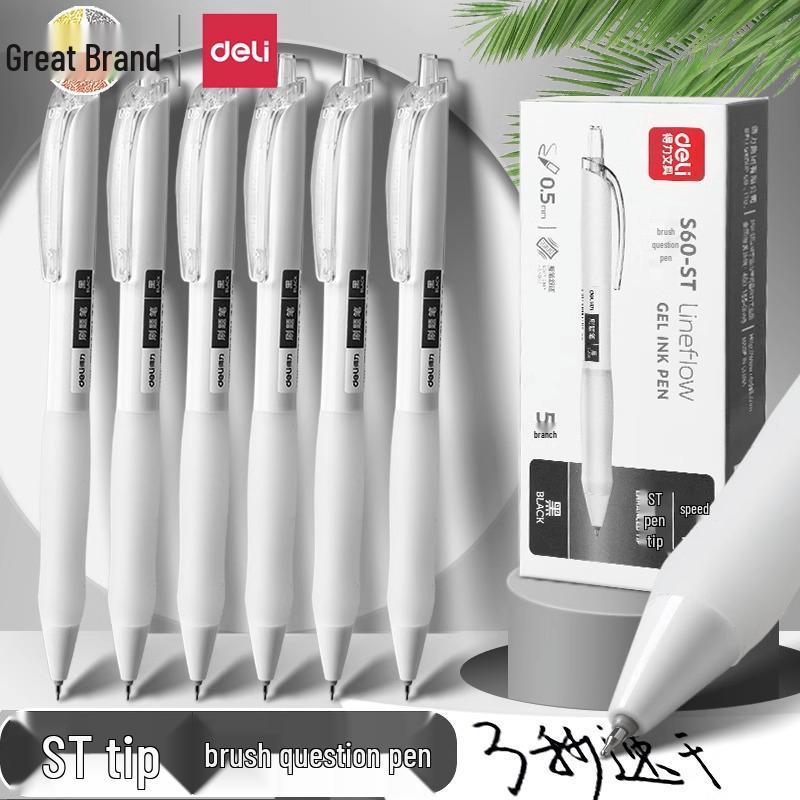 Deli Quick-Drying Press-Type 0.5mm ST Nib Student Pen: Transparent Barrel Black Ink.