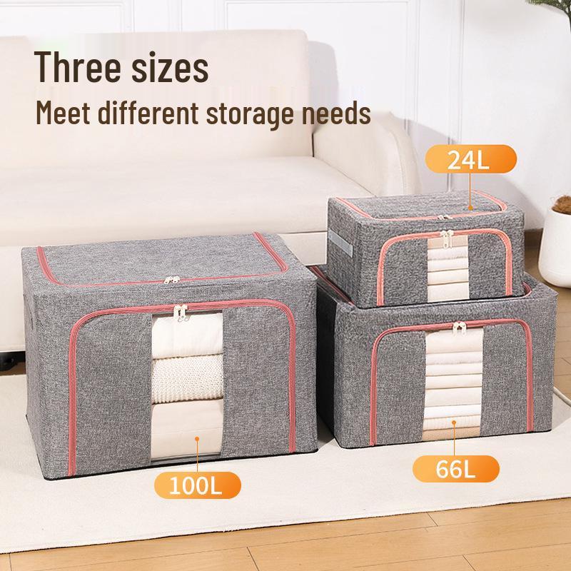 Cotton Linen Foldable Storage Box with Steel Frame - Large Capacity Clothes Organizer