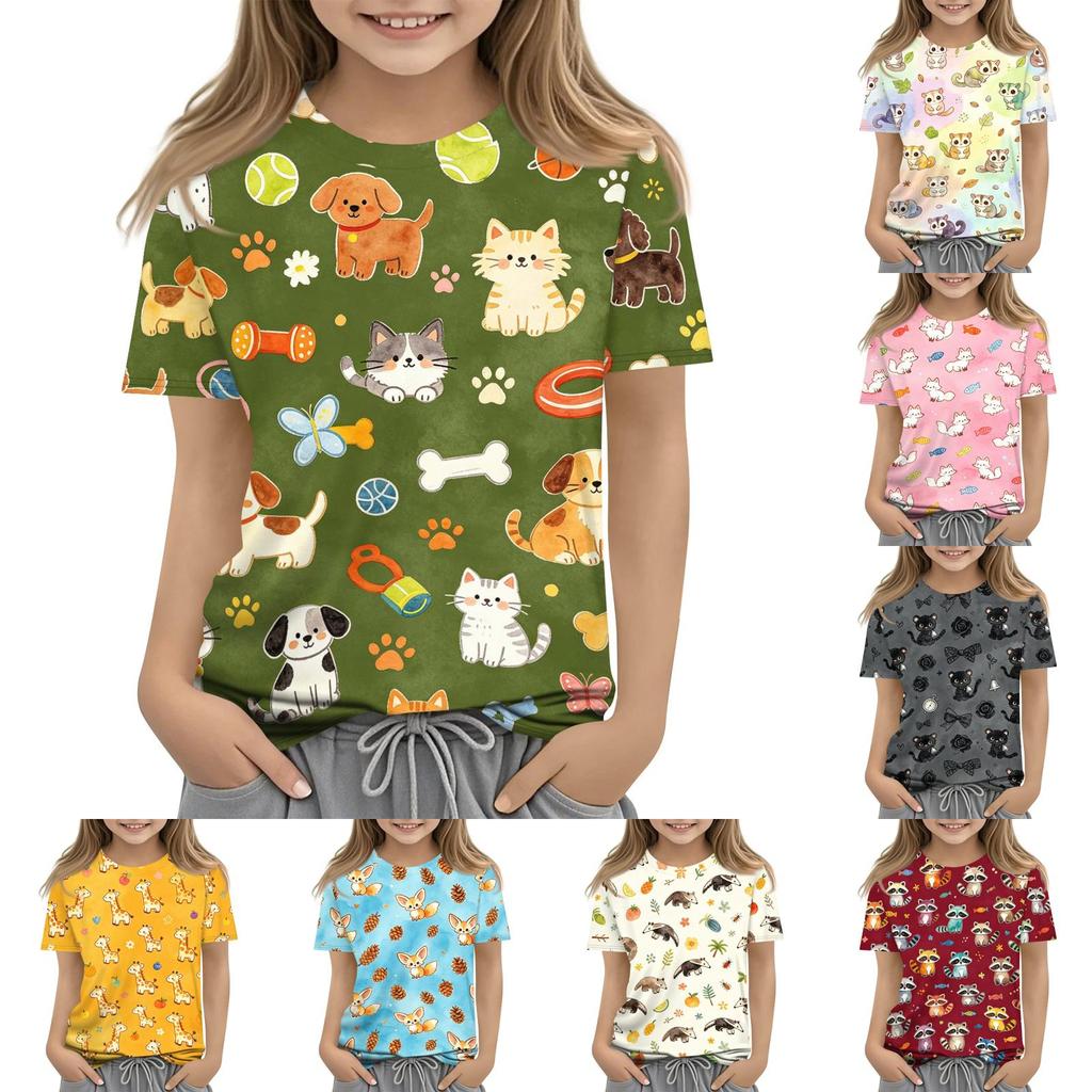 Kids Animal Print Crew Neck Short Sleeve Casual Loose Fit T Shirt Top Soft Comfortable Fabric Suitable for Everyday Wear