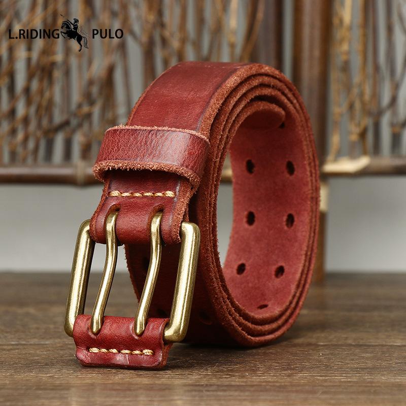 Cintura in Pelle Trendy Stile Retro con Doppia Fibbia ad Ardiglione, Vera Pelle, Vacchetta Primo Strato Conciata al Vegetale Lavata, Nuovo Stile per Giovani Uomini