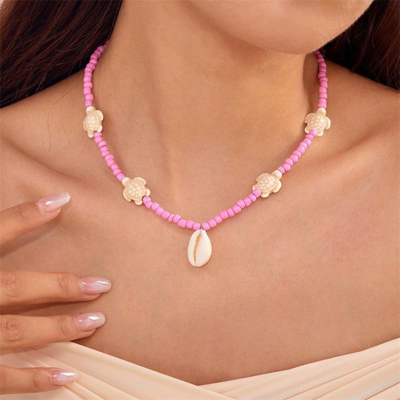 Summer Dopamine Beach Turtle Shell Rice Bead Necklace Card Neck Chain Bohemian Holiday Wind Necklace Female