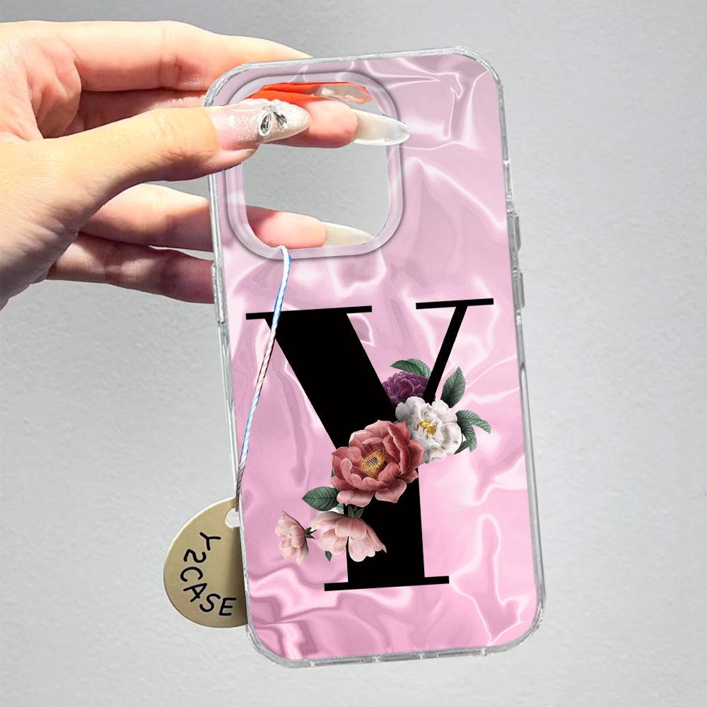 A-Z Black Letter Peony Flower Shockproof Phone Case For Samsung Galaxy A07 A17 A06 A16 A26 A36 A56 A12 A22 Shell Couple Cover