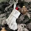1Pc Christmas White Stocking Letter Embroidery Knitted Handmade Reusable Xmas Tree Hanging Gift Bag Stocking Pendant Party Holiday Decoration