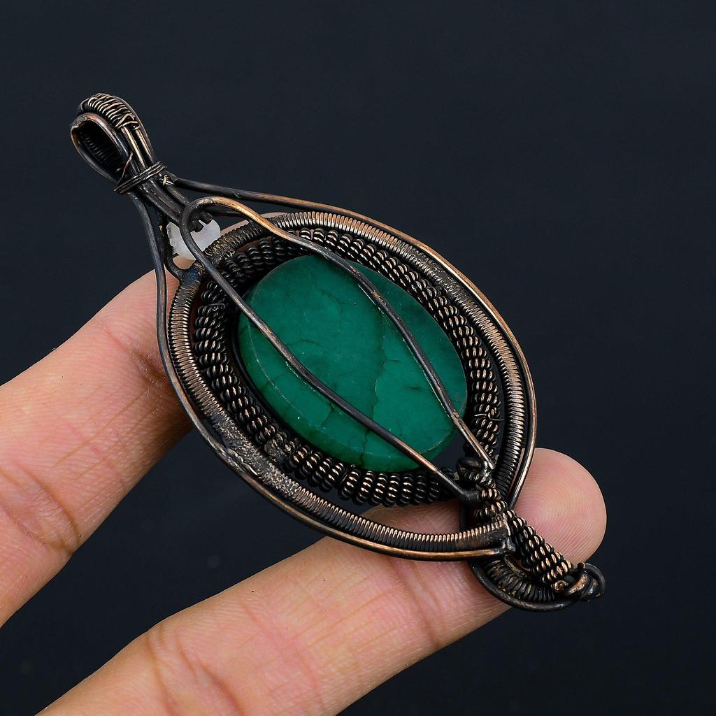 Emerald, Moonstone Gemstone Pure Copper Wire Wrapped Designer Handmade Pendant Jewelry Gift For Her