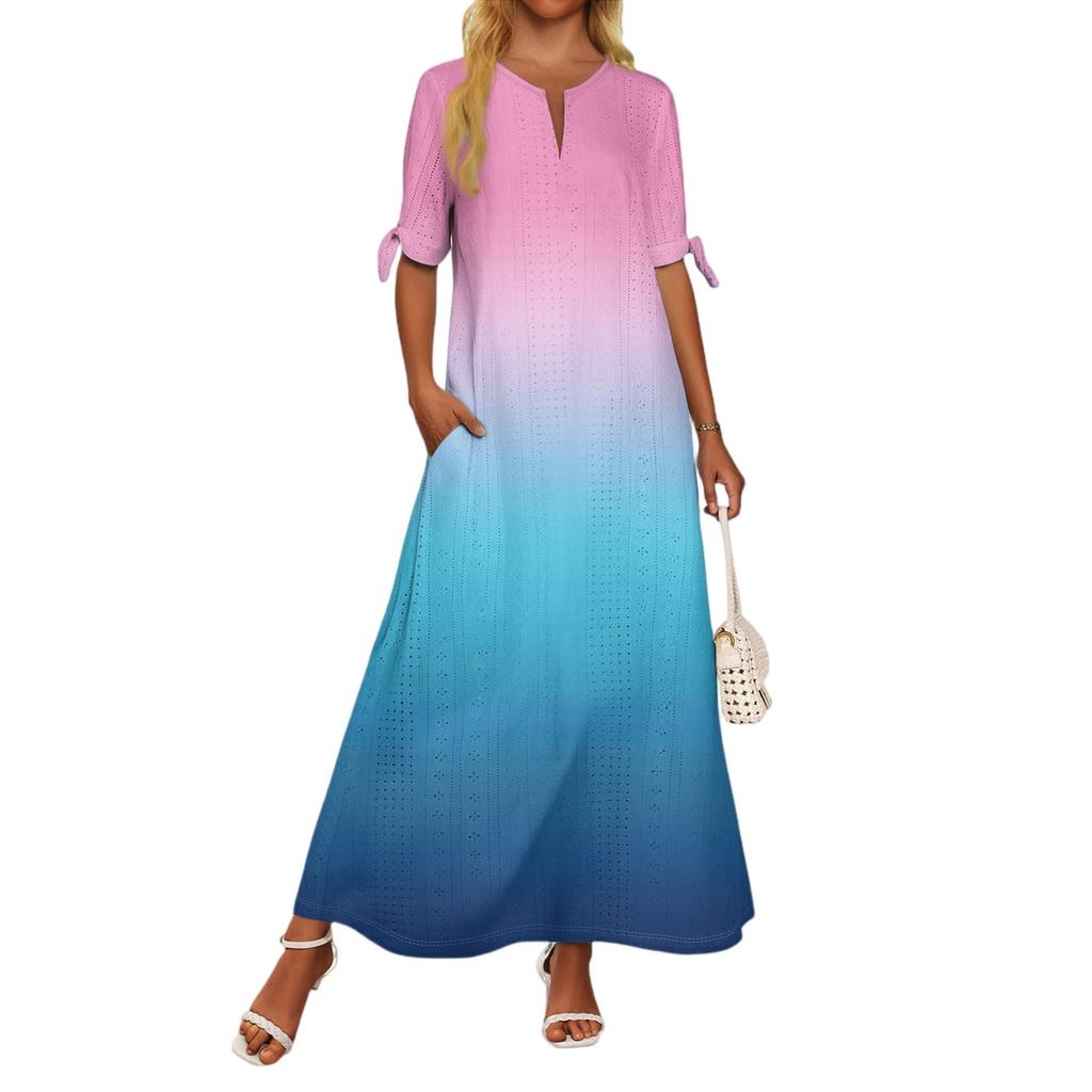 Ladies Casual Fashion Temperament Elegant Waist Gradient Color Print Long Dress