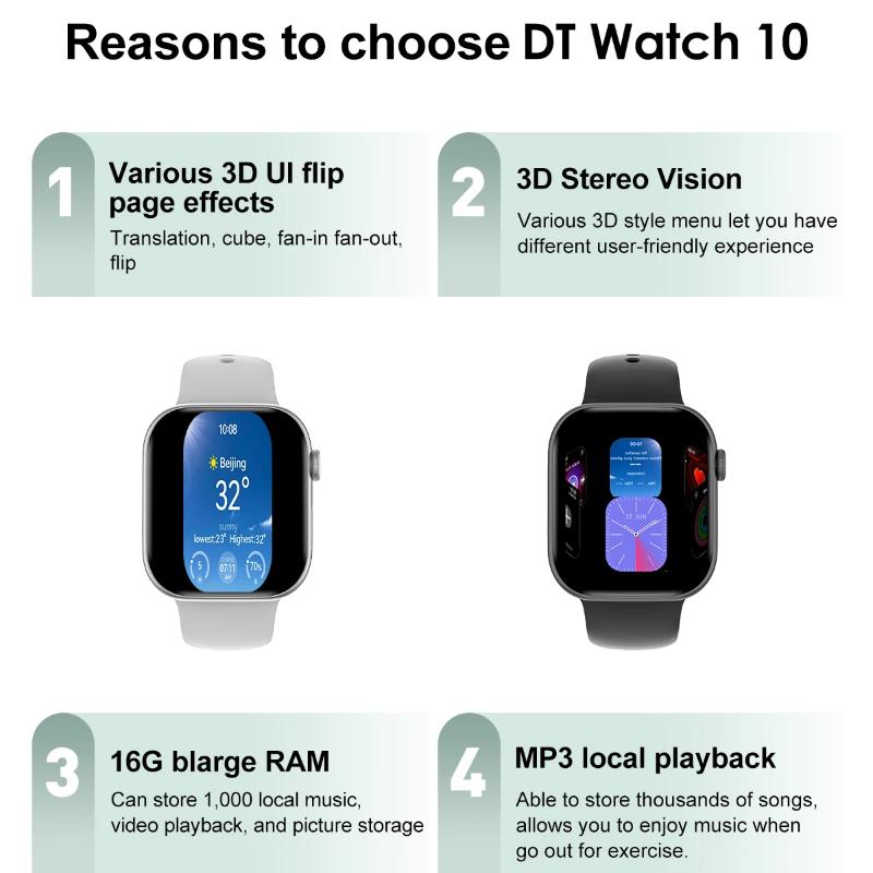 2025 Neue DT Watch 10 Smartwatch Herren Damen 3D-Menü 16GB Großer Speicher TWS Kopfhörer Videowiedergabe NFC Smartwatch für Apple