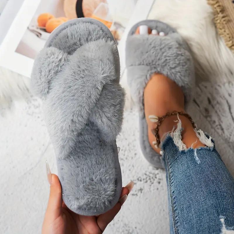 

Женские уютные плюшевые шлепанцы с открытым носком и перекрещивающимися ремешками - Мягкие, пушистые домашние тапочки для комфорта осенью и зимой, домашняя обувь 38-39