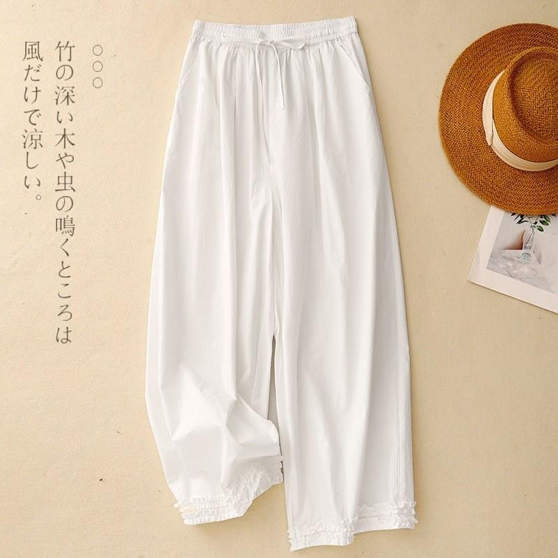 2025 Summer New Solid Color Cotton and Linen Lace Straight-leg Pants Women's Literary Style Drawstring Elastic Waist Casual Pants