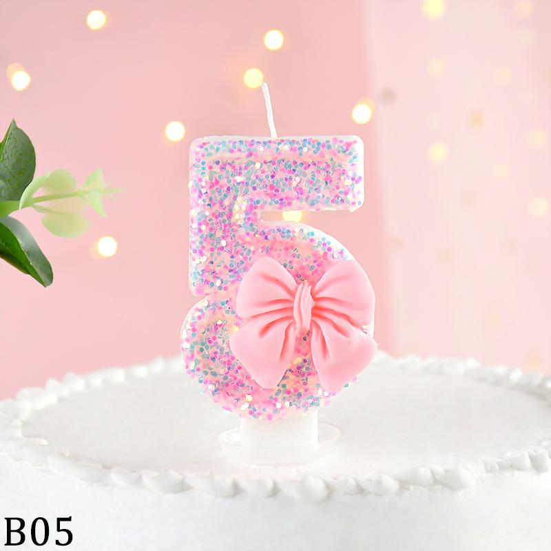 3D Number Cake Decorating Candles Cute Pink Bow Baby Girl Birthday Cake Topper Decor Wedding Party Supplies 0-9 Digital Candle