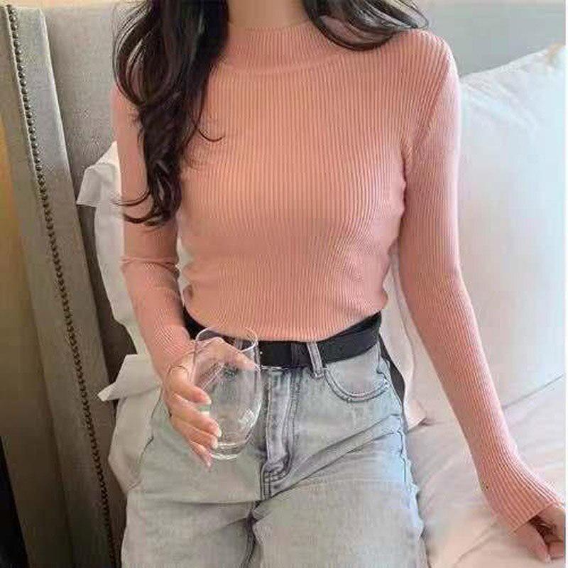 Autumn and Winter Long Sleeve Pullover Hundred Solid Color Women's Sweater Half High Neck Slim Knit Bottom Shirt