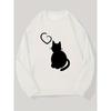 Men's Loose Fit Crewneck Pullover, Black Cat with Heart Silhouette Graphic Print Casual Sweatshirt