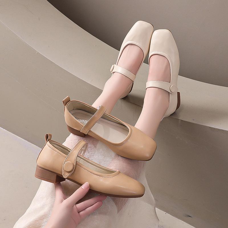 French rhinestone Mary Jane thick heel shoes women 2025 new temperament lady one-word buckle with thick heel with skirt single shoes