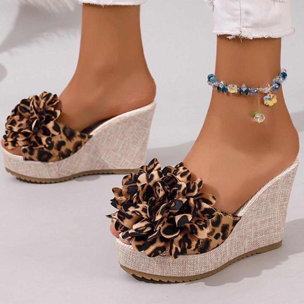 Summer Women Comfortable Sexy Leopard Bow Soft Wedges Slippers Casual  Beach Shoes New Flower Women's Sandals Size 35-42