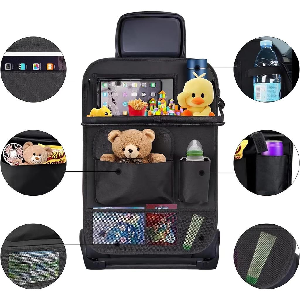 6KJFEIWG Car Seat Back Pocket Kick Car Backseat Holds Flat Table, Guard, Table, Storage, Plates, etc. (Black)