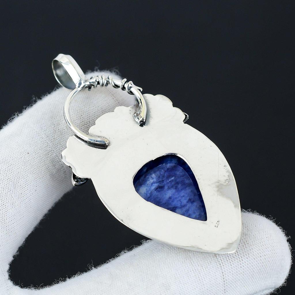 Natural Sodalite Gemstone Silver Pendant In 925 Sterling Silver- Handmade Flower Design, Everyday Wear Jewelry, Unique Pendant Gift For Her