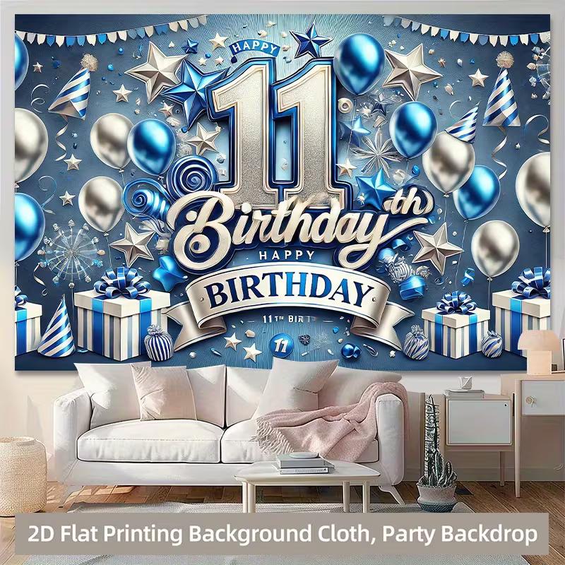2D Blue Silver 11th Birthday Backdrop for Boys 11th Birthday Photo Booth Background 47.2x31.5inch/120*80cm