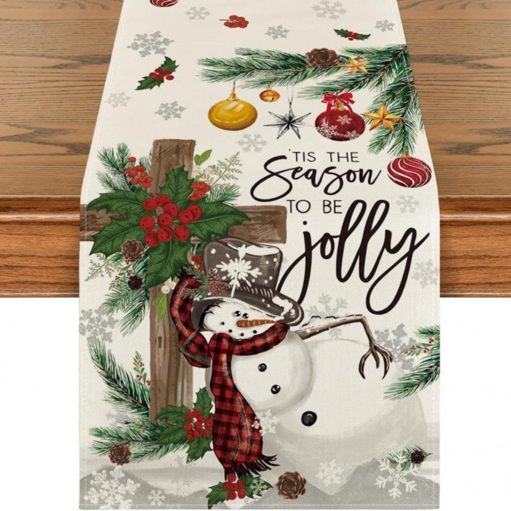 Festive Snowman Christmas Tree Table Runner Home Kitchen Dining Tablecloth for Party Decoration