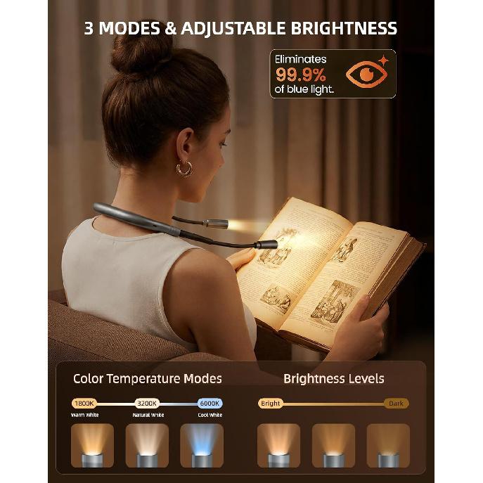 Rechargeable Book Light,3 Colors and Brightness Adjustable Reading Light,Bendable Neck Light,100hrs Long-Lasting,Perfect Reading Lamp Gift for Books