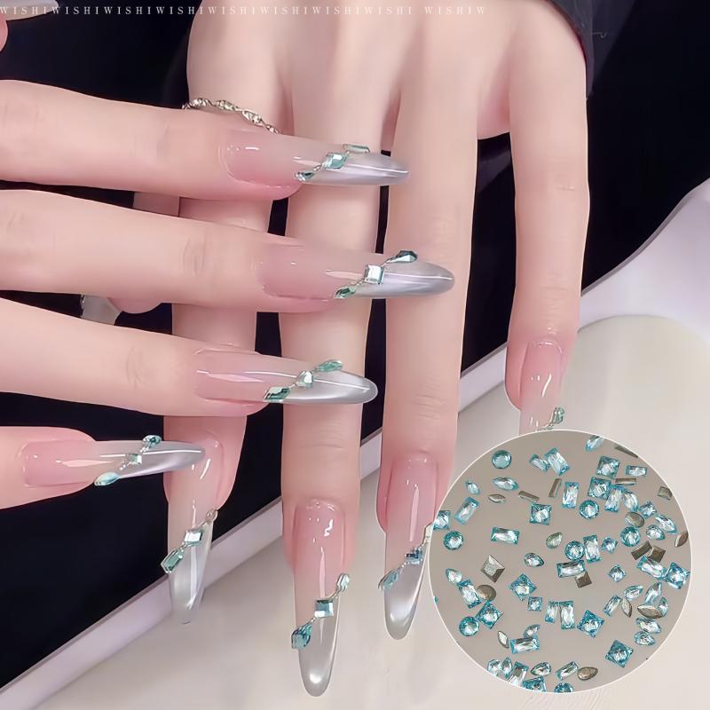 

50 Pcs Nail Art Light Blue White Crystal Glass Ocean Blue Flat Bottom Bare Rhinestone Heart Squar Nail Decor Gems Accessories one size