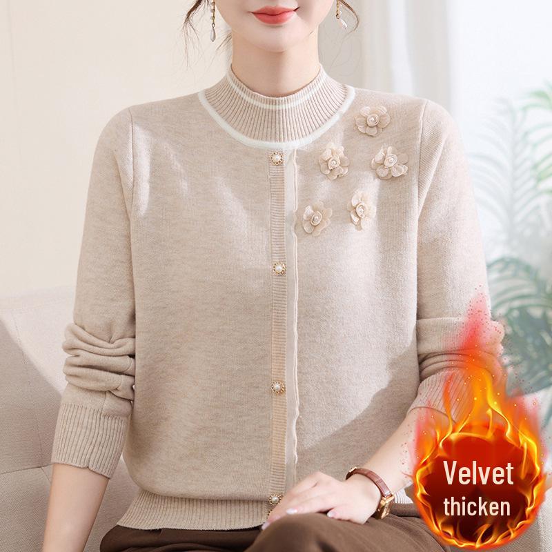 Stylish Plus Velvet Knit Sweater for Middle-Aged & Elderly Women - Warm Winter Base Layer