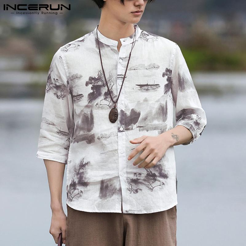 

INCERUN Весенние мужские рубашки на пуговицах с рукавом 3/4 с пейзажным принтом