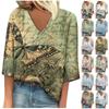 3/4 Sleeve Shirts For Women Pattern Print Graphic Button Tees Blouses Casual Plus Size Basic Tops Pullover